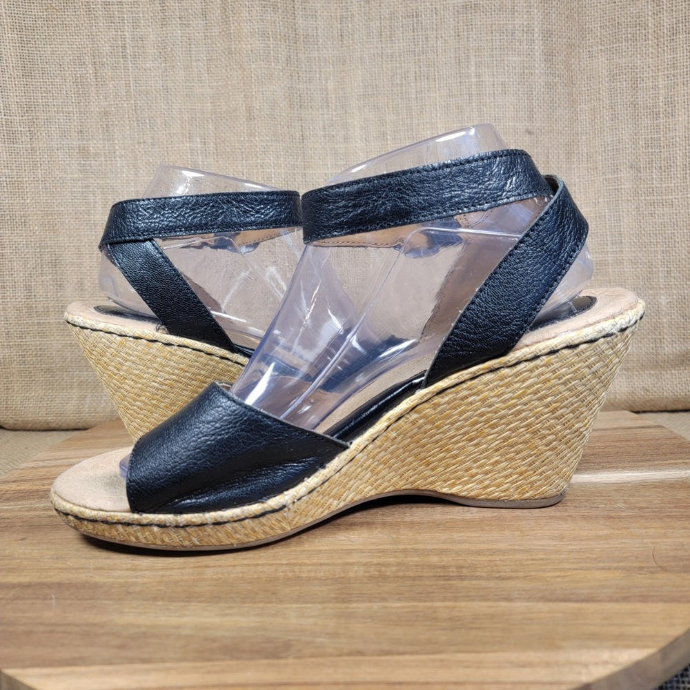BOC Born Concept Wedge Sandals Black Leather Ankle Strap Womens 10 M Woven Heel - Picture 5 of 11